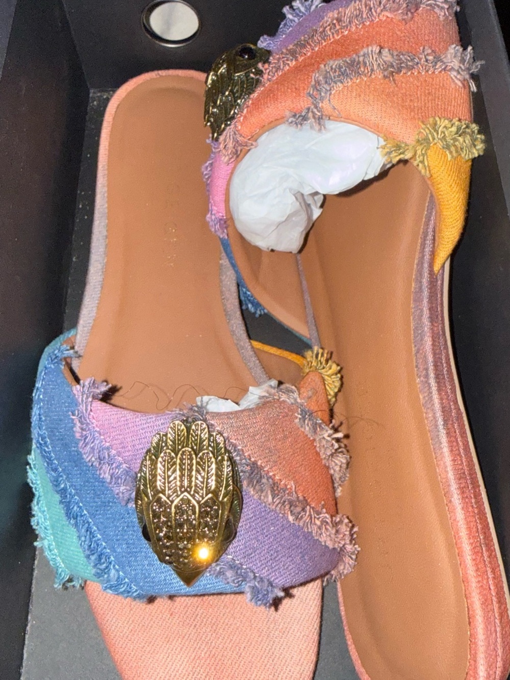 Kurt Geiger Colorful Fringe Slide Sandals with Gold Accent